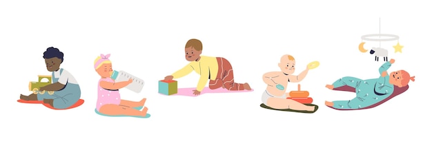 Set of cartoon newborn kids playing with different toys: carousel, train and cube, drinking milk formula from bottle. cute infant children on white background. flat vector illustration