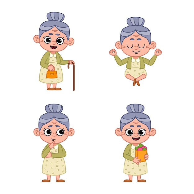 Set of cartoon old lady standing with walking stick, holding grocery bag, meditating, thinking