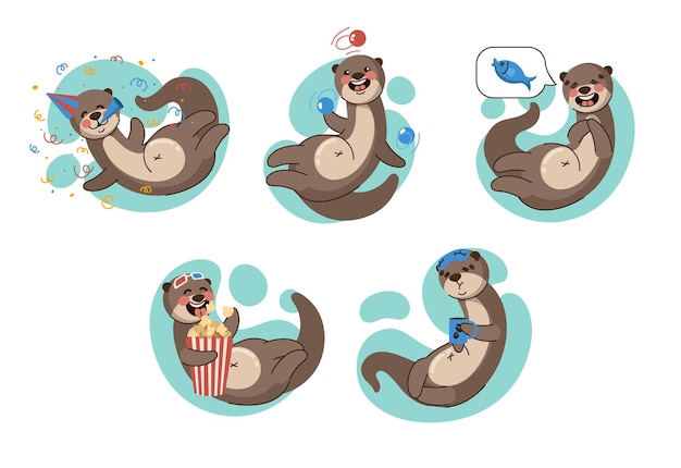 Set of cartoon otter character celebrating, eating popcorn and drinking coffee in morning