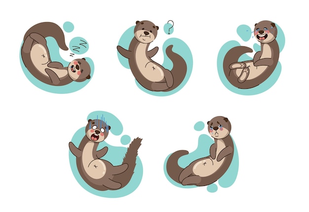 Vector set of cartoon otter character thinking, crying, smiling, sleeping and having question