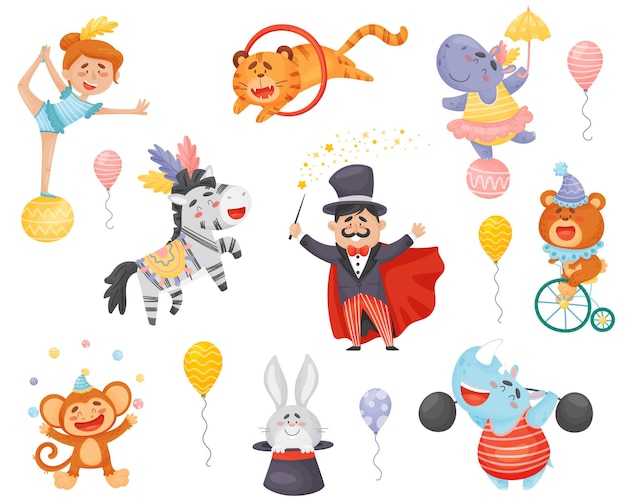 Vector set of cartoon performing circus performers magician acrobat rhino monkey hippo tiger vector illustration on a white background