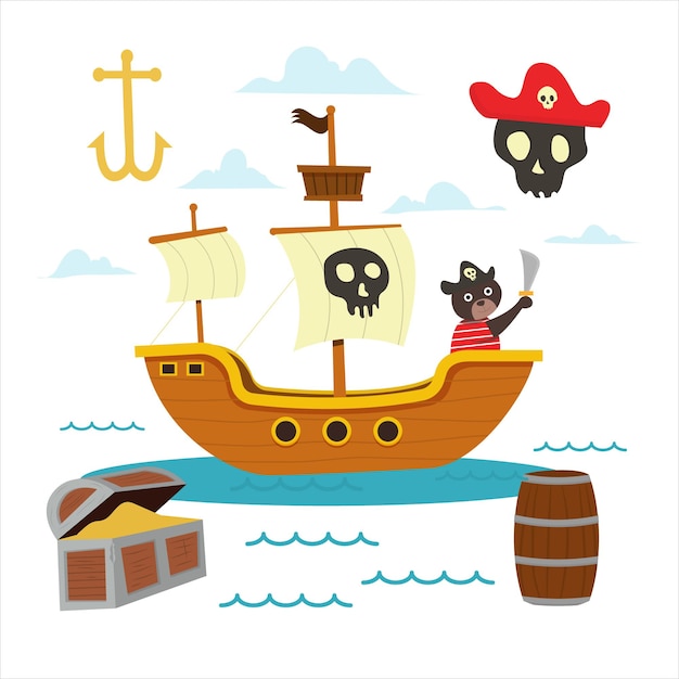 Set of cartoon pirate ship with cute bear