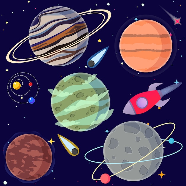 Vector set cartoon planeten en elementen van de ruimte.