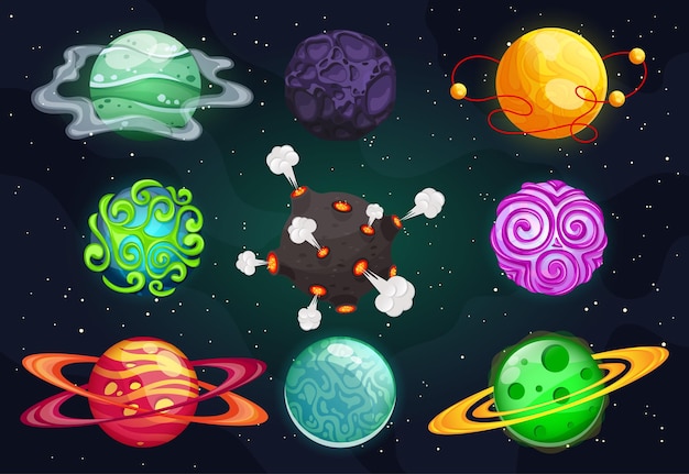 set of cartoon planets. Colorful set of isolated objects. Cosmic elements for game design, fire, snow, mechanical, crystals. Fantasy planets