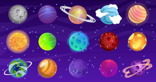 Set of cartoon planets, colorful universe game design