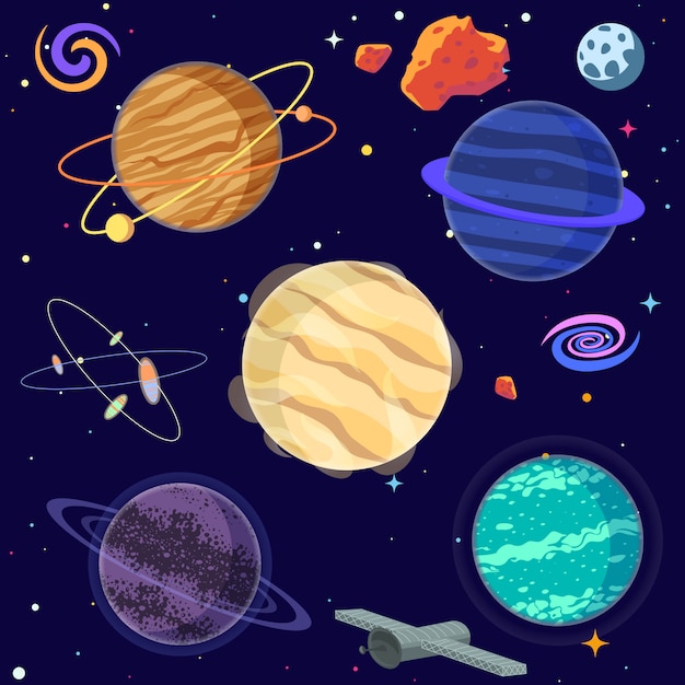 Set of cartoon planets and space elements. 