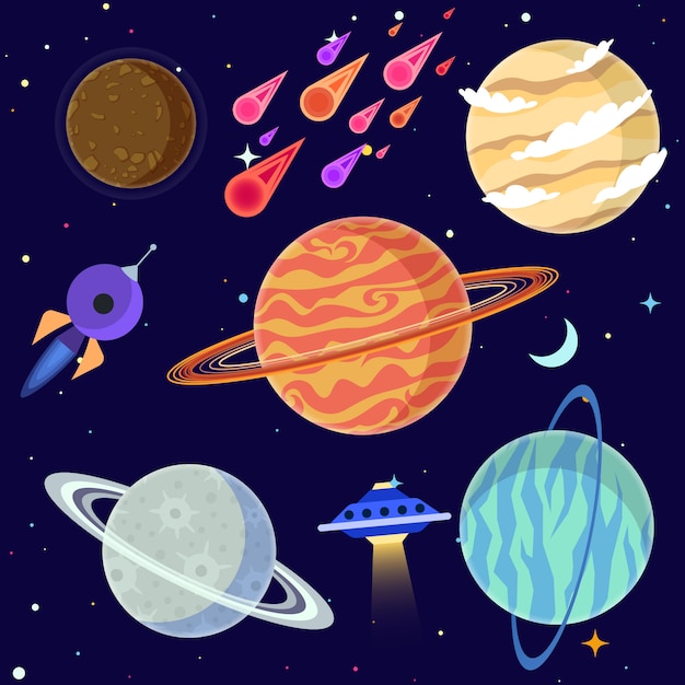 Vector set of cartoon planets and space elements.