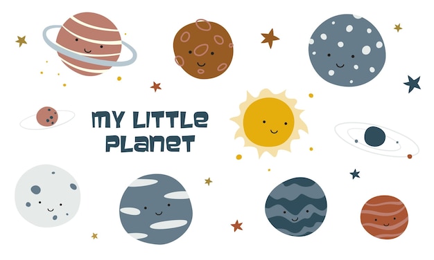 Vector set of cartoon planets with cute faces