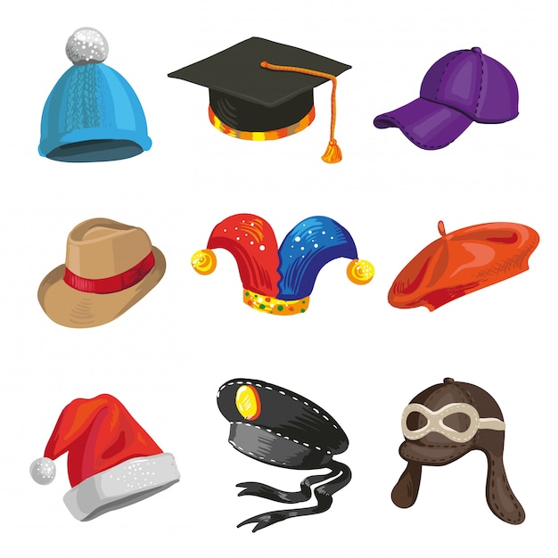 Vector set of cartoon police and joker hats.