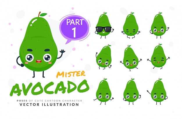 Set of cartoon poses of Avocado.