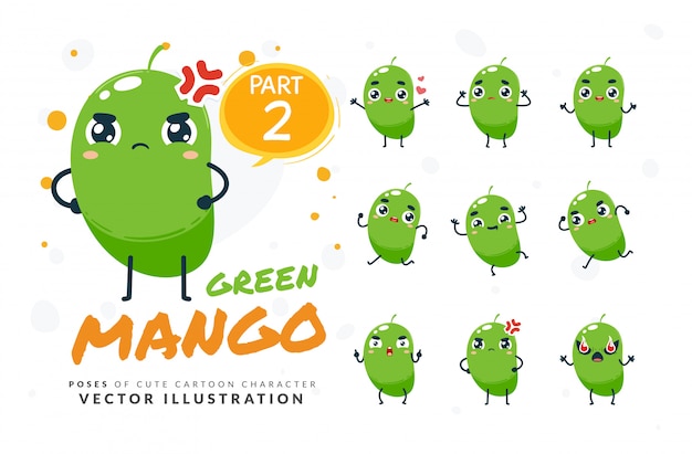 Set of cartoon poses of Green Mango.