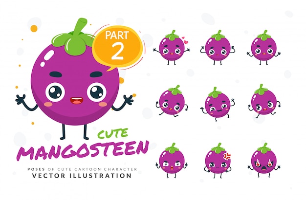 Set of cartoon poses of mangosteen.