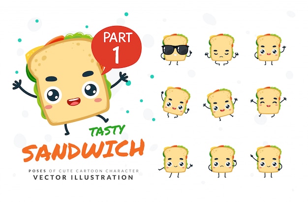 Set of cartoon poses of sandwich.