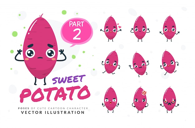 Set of cartoon poses of sweet potato.