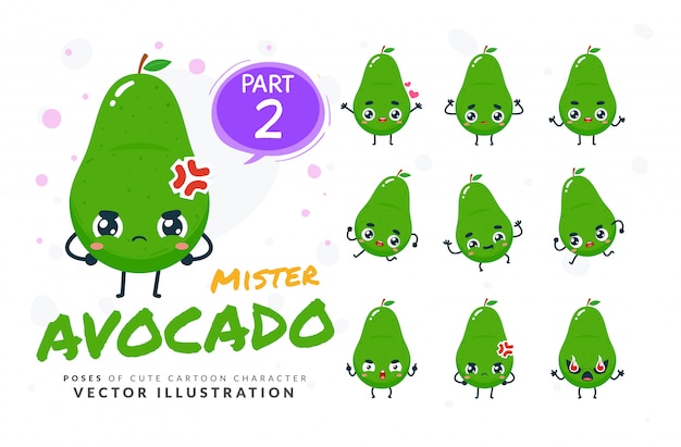 Set cartoon poses van avocado.