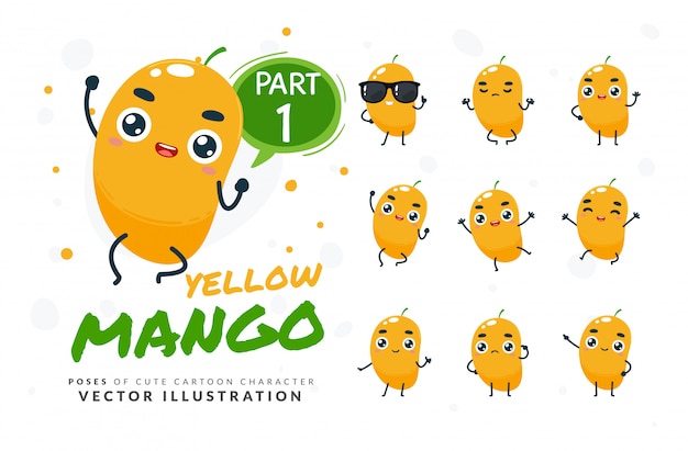 Set cartoon poses van gele mango.