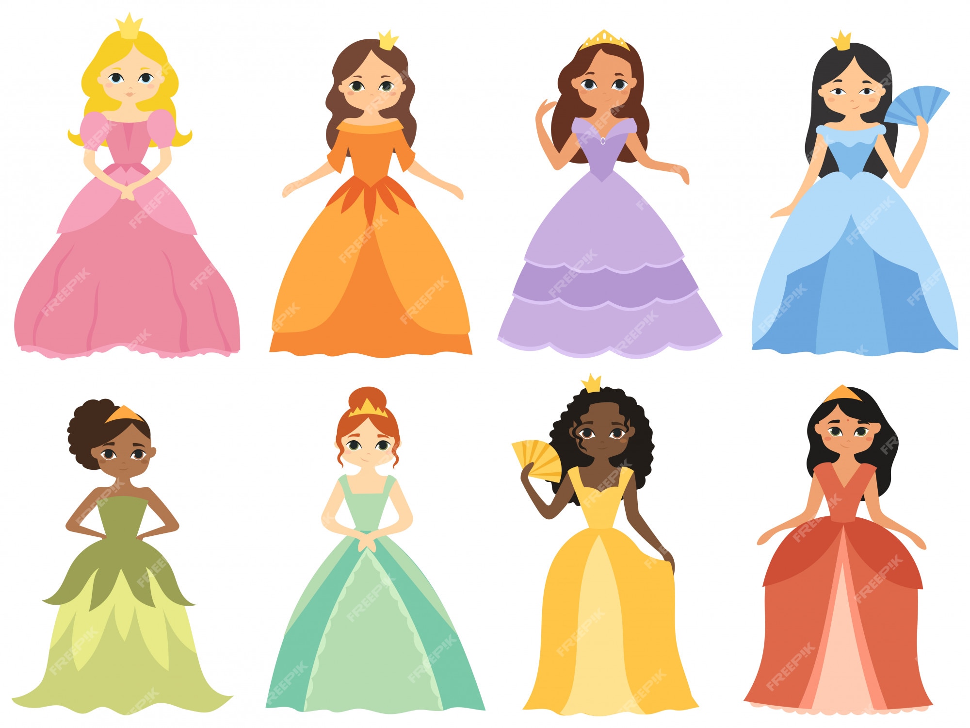 Premium Vector  Set of cartoon princess. collection of cute girls in beautiful  dresses.