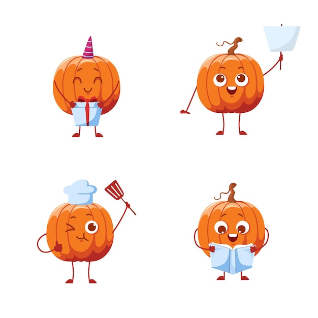 Vector set of cartoon pumpkin character receiving present, holding blank placard, reading book and cooking