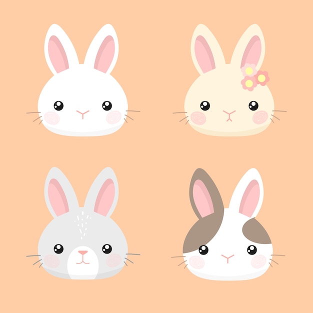 Set of cartoon rabbits faces Cute bunnies vector illustration