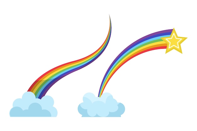 Vector set of cartoon rainbows with clouds and a star