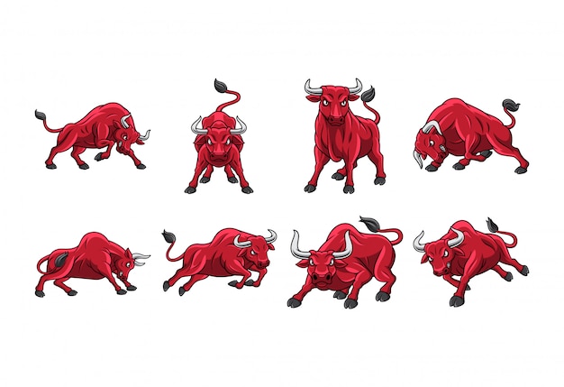 Vector set of cartoon red bull mascot