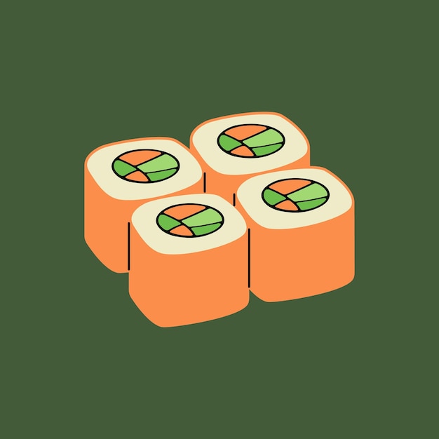 Set of cartoon rolls on colored background asian food