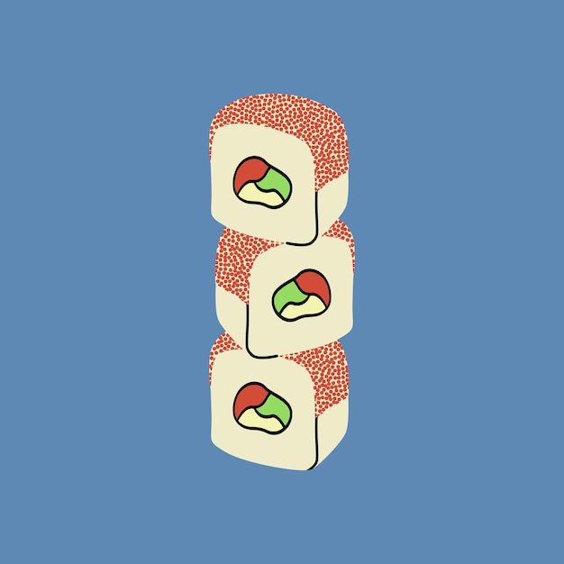 Set of cartoon rolls on colored background asian food