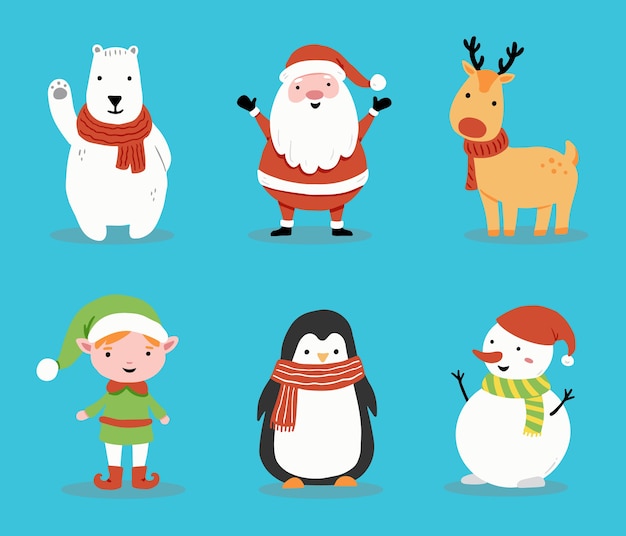 Set di cartone animato babbo natale, cervi, pupazzo di neve, pinguino per banner di natale, illustrazione della cartolina d'auguri. felice simpatico personaggio collezione natalizia.