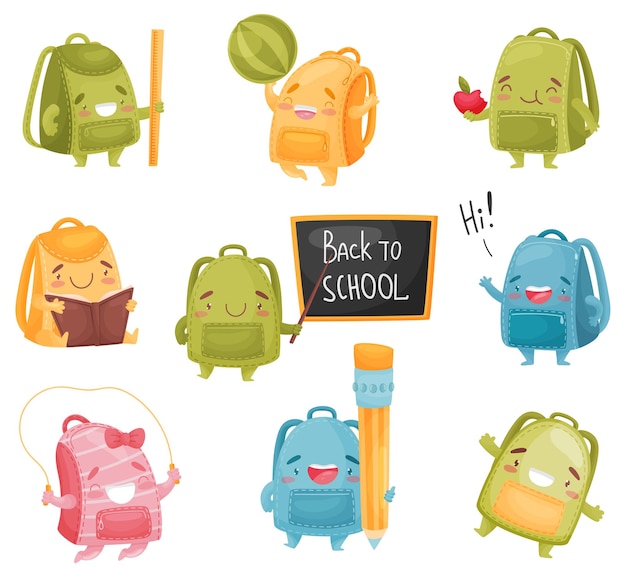 Vector set of cartoon school bags vector illustration on white background