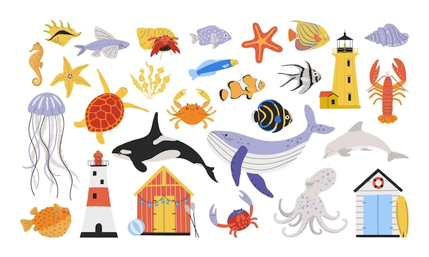 Set of cartoon sea creatures colorful ocean life cute characters and objects