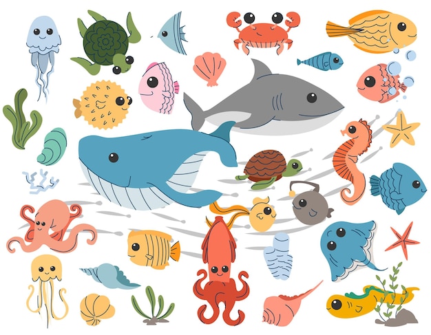 Vector set of cartoon sea underwater life sea animals turtles set of illustrations of ocean wildlife