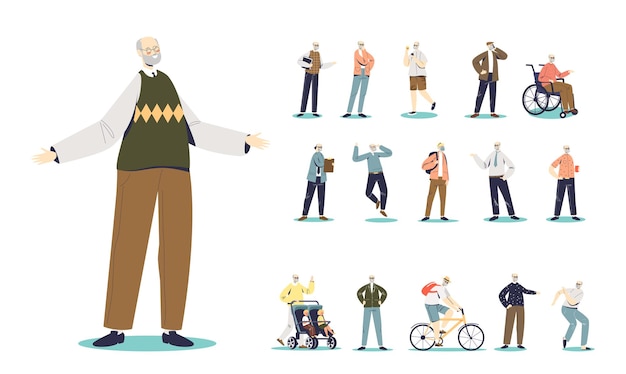 Vettore set di cartone animato uomo anziano nonno sorridenti diverse situazioni di stile di vita e pose: spingere il carrello con i nipoti, danza attiva e andare in bicicletta, in sedia a rotelle. illustrazione vettoriale piatta