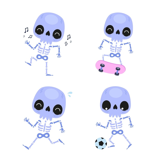 Vector set of cartoon skeleton character playing football, running, riding skateboard, singing song