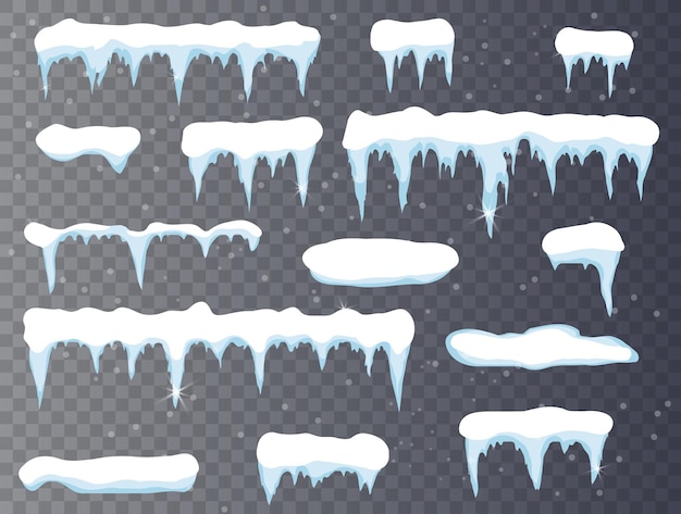 Набор элементов мультяшного снежного дизайна на прозрачном фоне Снежные сосульки, снежная шапка изолированы. Снежные элементы на зимнем фоне. Векторный шаблон.
