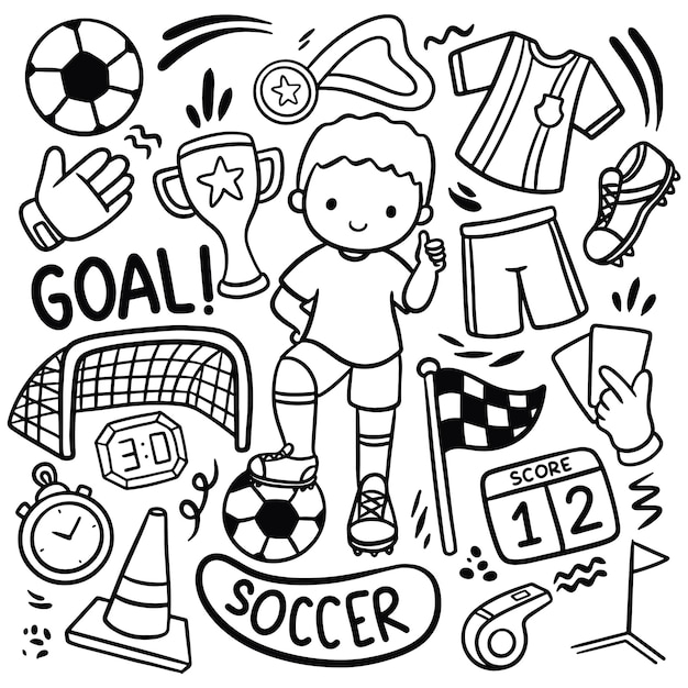 Set of Cartoon Soccer Ball Equipments Doodle Vector Illustration