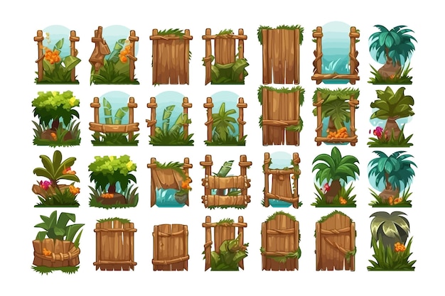 Set cartoon spel panelen in jungle stijl met ruimte voor tekst Vector cartoon platte elementen geïsoleerd op de achtergrond