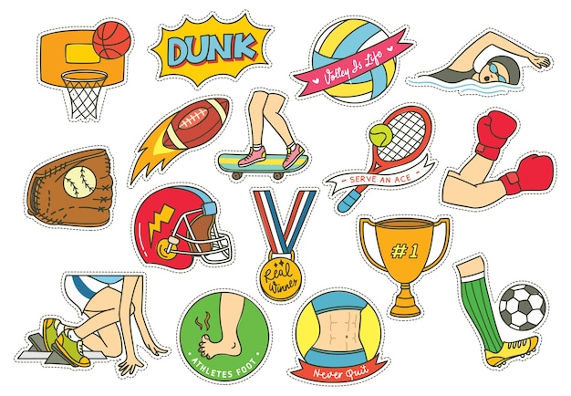 Set of cartoon sport themed patches with football, soccer, basket ball etc