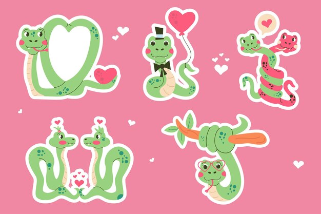 Set cartoon sticker character Valentines day snake hand drawn