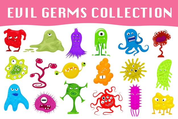 Set di germi arrabbiati stile cartoon, virus, microbi e mostri illustrazione