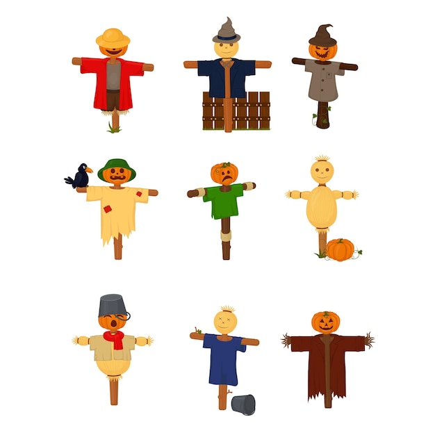 Vector set of cartoon style scarecrow isolated