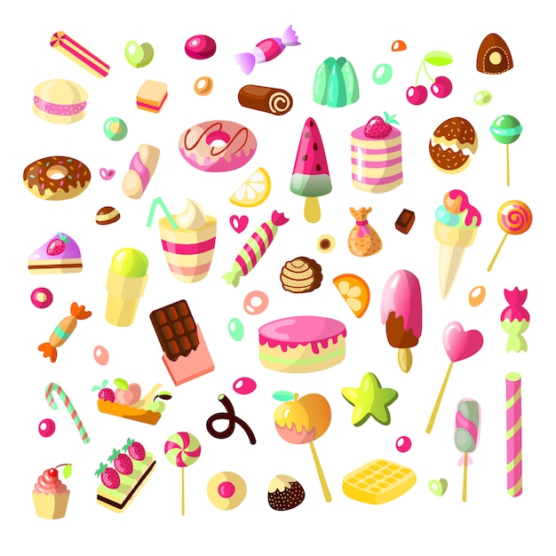 Set of cartoon sweet candies on white background. Cake, jelly, chocolate and candies collection.