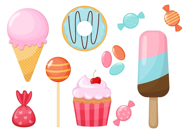 Vector set of cartoon sweets and candies