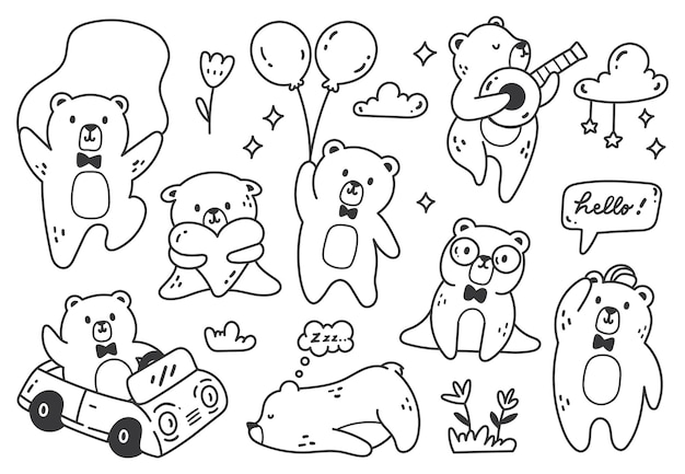 Set of Cartoon Teddy Bear Poses in Doodle Style Vector Illustration