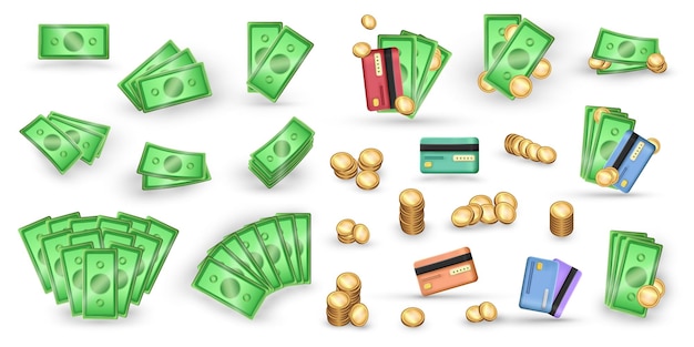 Set of cartoon threedimensional money green banknotes golden coins and plastic credit cards