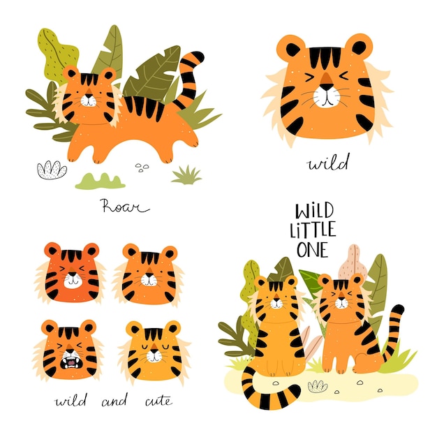 set of cartoon tiger, hand drawing lettering.