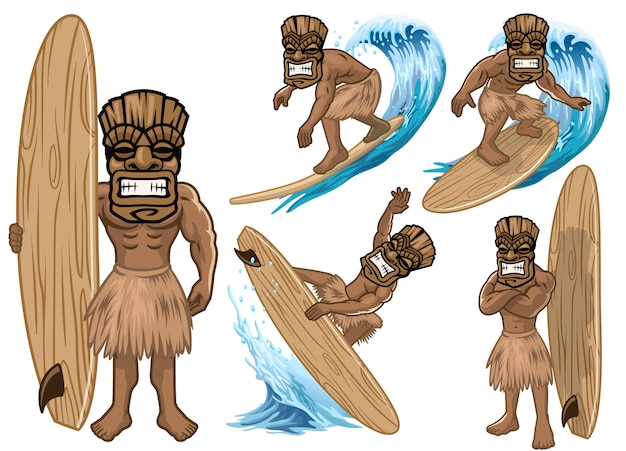 Set cartoon tiki masker spelen surfen collectie