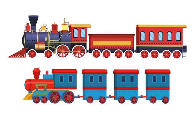 Set of cartoon toy trains isolated on white