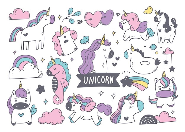 Set di doodle di unicorno del fumetto con altro oggetto carino