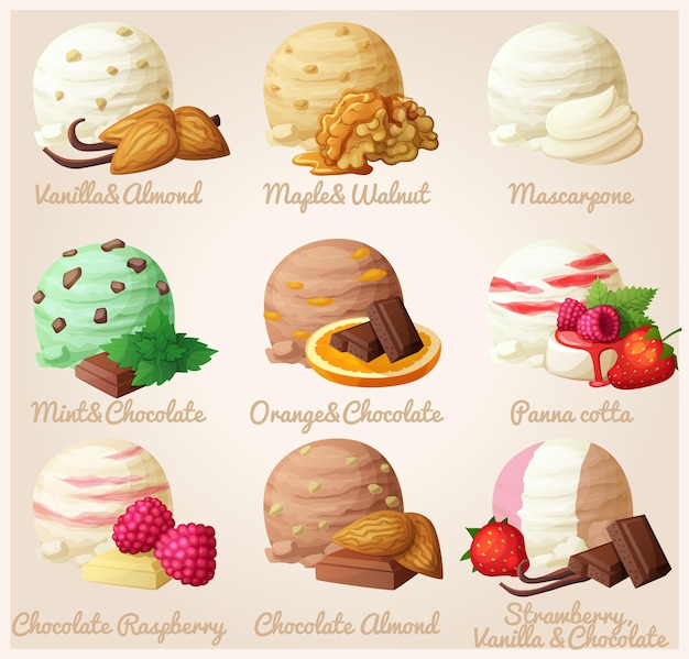 Set of cartoon vector icons ice cream scoops