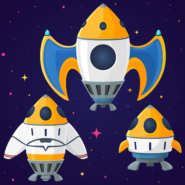 Set of cartoon vector spaceships and rockets